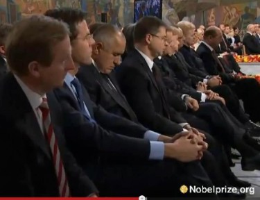 "Sleeping Beauty at the Nobel Peace Prize Ceremony", reads the caption.