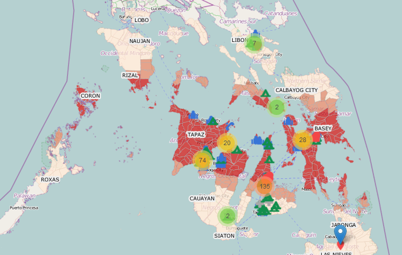 Mapa de la mitigació del desastre i resposta del govern filipí. Les zones roges són les més afectades a les illes Visayas.