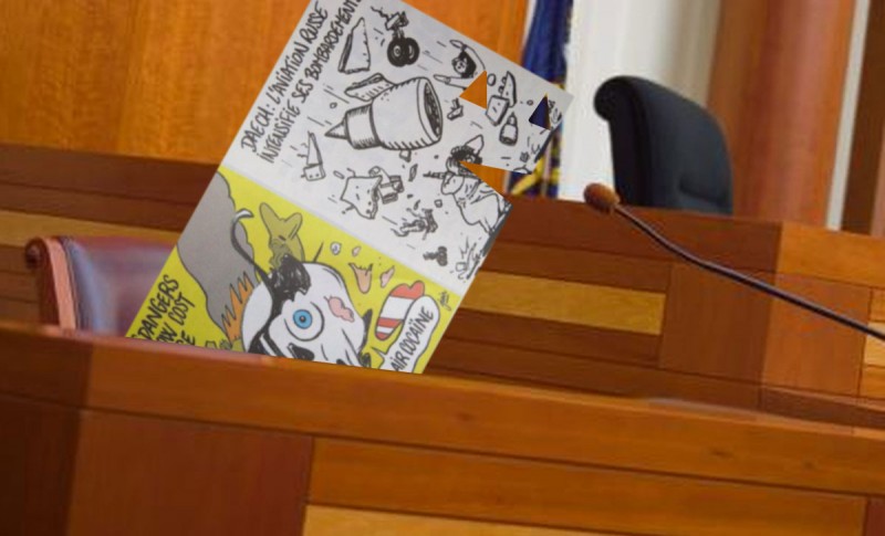 Charlie Hebdo on trial. Image edited by Kevin Rothrock.