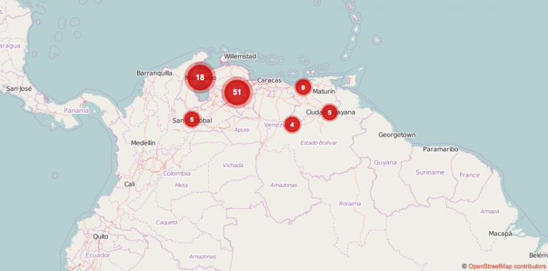 Internet outage map for Venezuela parliamentary elections, Dec 6, 2015. Crowdsourced by NGO Acceso Libre via Open Street Maps.
