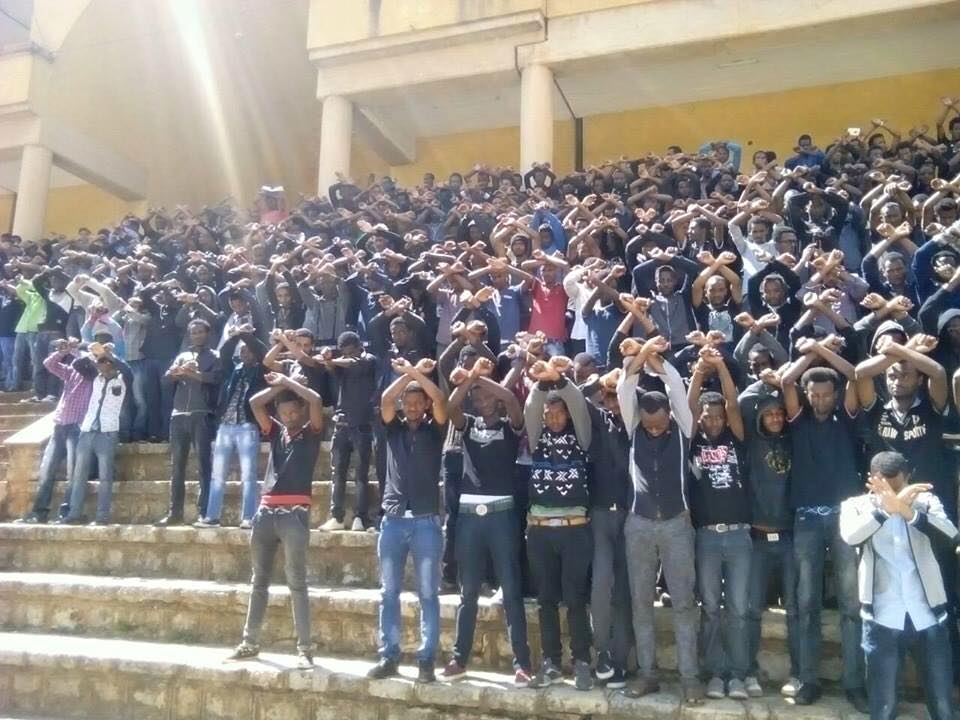 Students mourning at Haromaya University. Photo shared widely on social media.