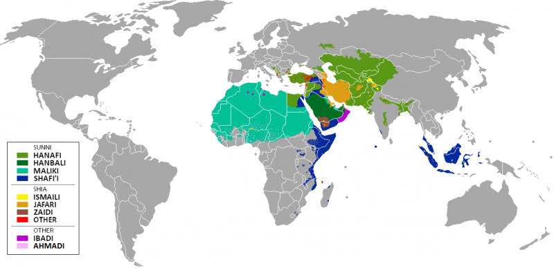 Distribuzione di sunniti e sciiti islamici nel Medio Oriente e nel Nord Africa. Foto di Peaceworld111 su Wikipedia, usata in base al CC BY-SA 4.0