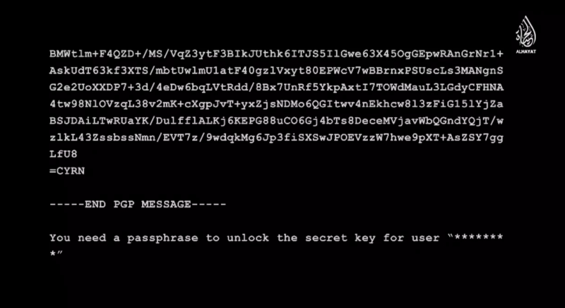 The undecipherable encrypted email the latest ISIS video ends in. 