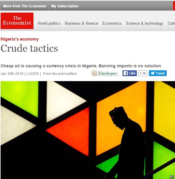 Capture d'écran de l'édition en ligne de l'article de The Economist qui a fait une observation désobligeante à l'ex-président du Nigeria