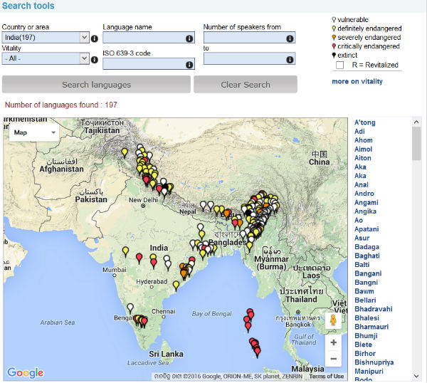 A map of dying Indian languages.Source: UNESCO Interactive Atlas of the World's Languages in Danger