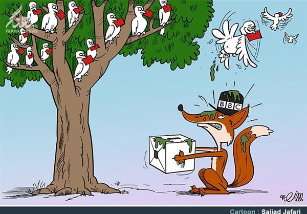 Cartoon in Iranian newspaperes reflecting BBC's role in the elections.
