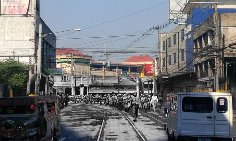Superimposed photo of Japanese soldiers marching near the presidential palace and how the street looks today. Photo from the official gazette of the Philippine government