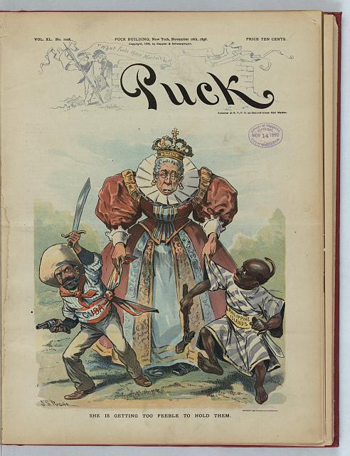 Print shows an elderly woman labeled "Spain", possibly Maria Cristina, Queen Regent, struggling to maintain control of two diminutive figures, one labeled "Cuba", armed with a gun and sword, and the other labeled "Philippine Islands", armed with a crude hatchet and knife. 1896. Pughe, J. S. (John S.). Image and caption from the United States Library of Congress