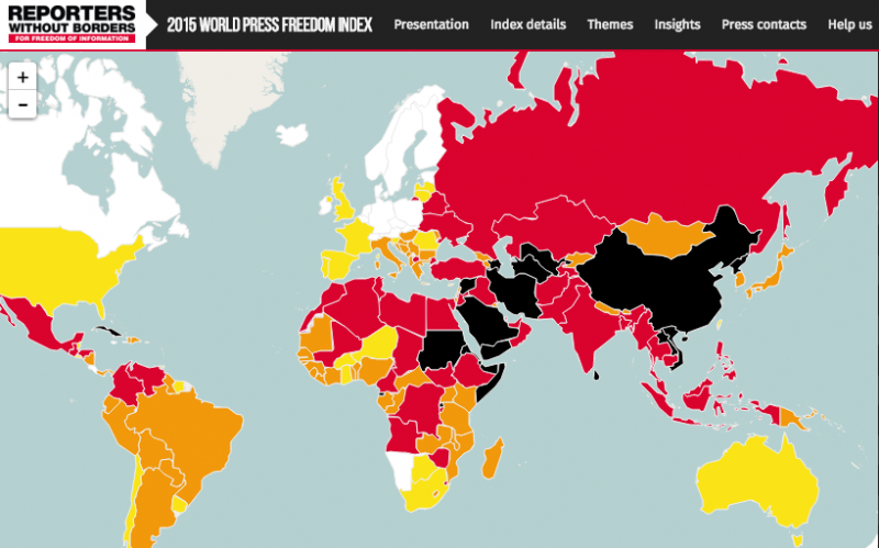 China press freedom was at the lowest level in Reporters Without Borders' 2015 index. Screen capture.