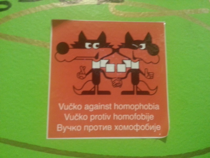 Anti-homophobia sticker from Sarajevo, featuring Vučko, the mascot of 1984 Olympic Games. Photo: F. Stojanovski CC-BY.