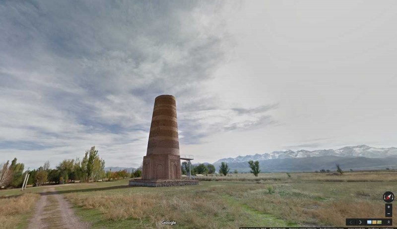 Burana tower, one of traditionally nomadic Kyrgyzstan's few historical monuments. Google Street View photo taken from Kloop.kg.