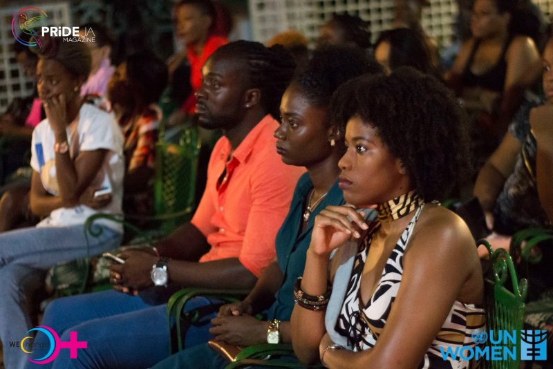 Members of the audience listening sadly to the many accounts of violence against women and girls in Jamaica. The "Orange Lights" event was held by WE-Change at Devon House in Kingston. Photo by PRIDEja Magazine, used with permission. 
