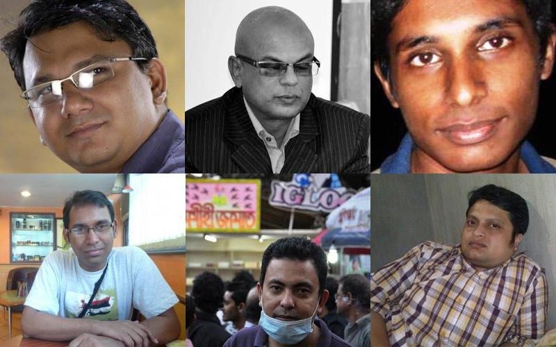 Some of the secular writers killed in recent years in Bangladesh. From top left clockwise: Faisal Arefin Dipan, Shafiul Islam, Oyasiqur Rahman Babu, Rajib Haider, Avijit Roy and Ananta Bijoy Das.