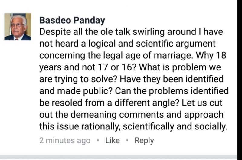 Screengrab of image of Basdeo Panday's Facbeook status update. Widely shared on social media. 