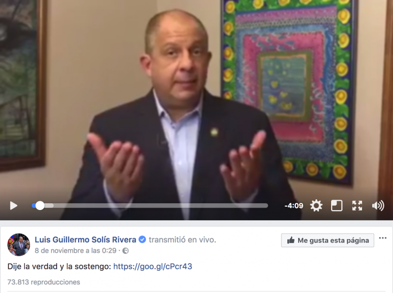 Screen Shot of President Luis Guillermo Solís Rivera's video on Facebook