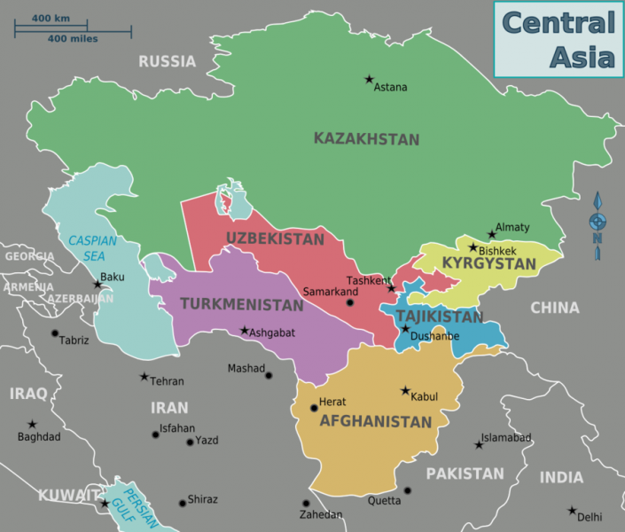 Carte de l'Asie centrale. Plus de cinquante migrants de l'Ouzbékistan (rouge) sont morts dans l'incendie d'un bus au Kazakhstan (vert) en route vers la Russie le 18 janvier. Auteur: Cacahuate. Travail personnel basé sur la carte muette du monde. CC 2.0.
