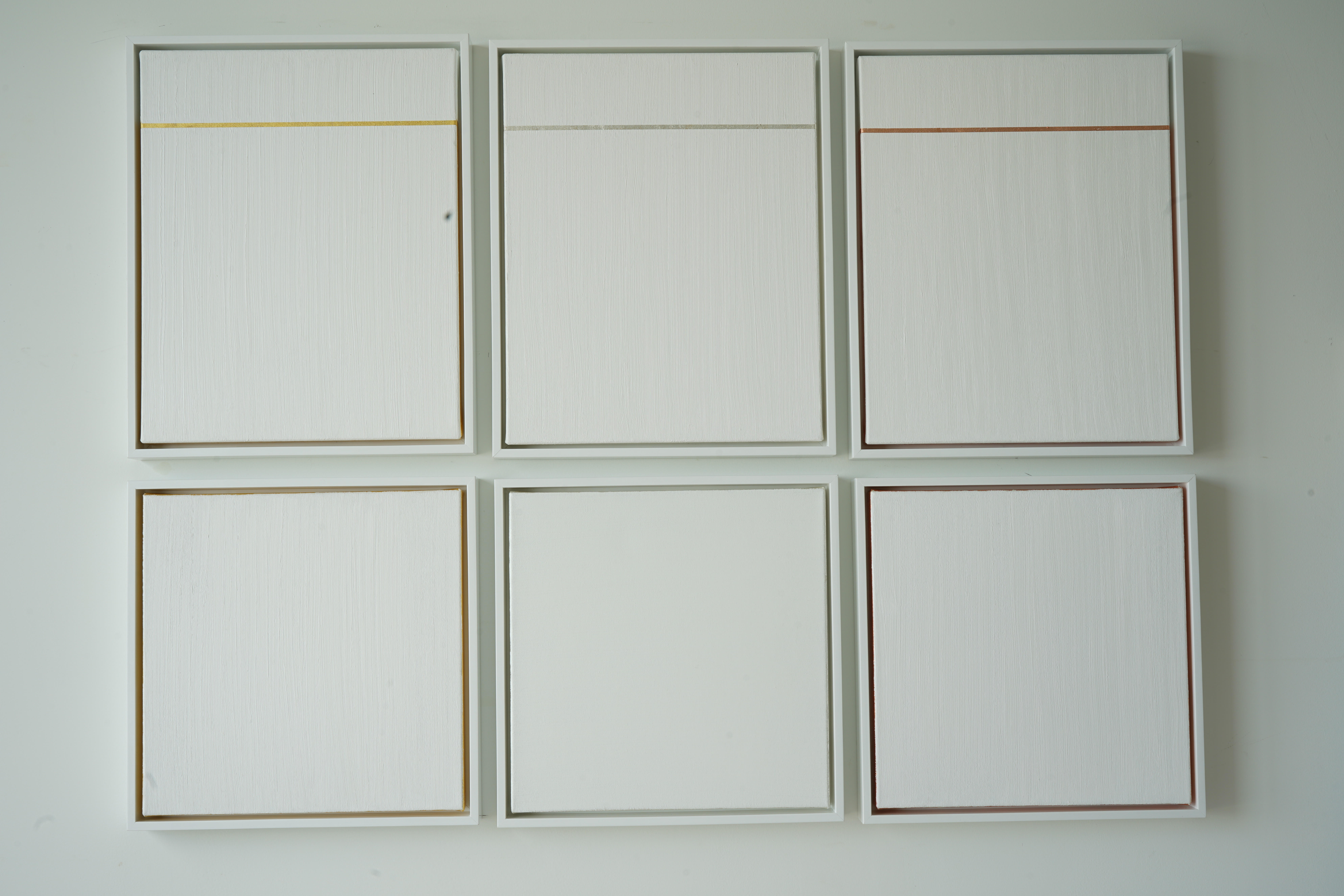 Six 3D squares, Polyptych 40x53.5x2 inch, each 21.4x17.5x2 inch and 17.5 x 17.5 x 2 inch, Gold leaf, copper leaf, silver leaf, Canvas, wood frame, 2019.