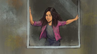 Momento do suicídio de Elina Haciyeva- ilustração de Meydan tv