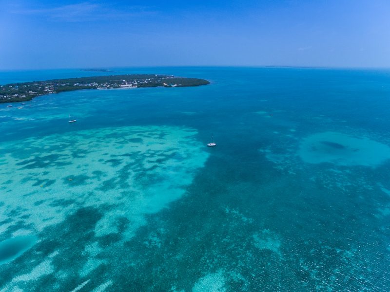 Vue aérienne de l'océan au large de l'île de Caye Caulker qui apparaît en haut 