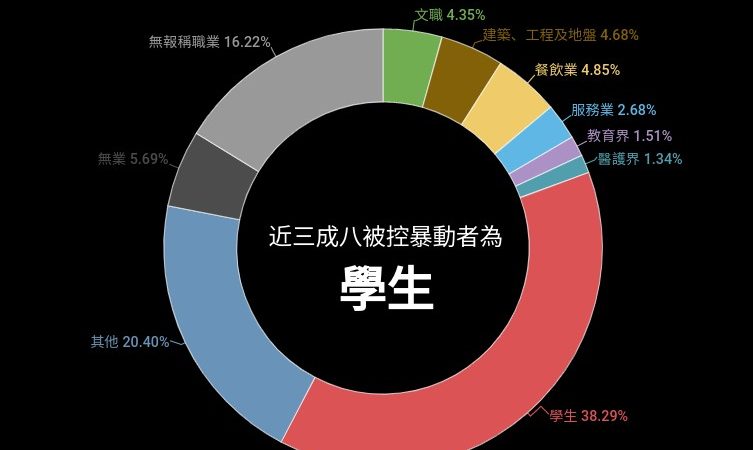 Graphique "camembert" en caractères chinois, indiquant la répartition des manifestants interpellés par secteur d'activité.