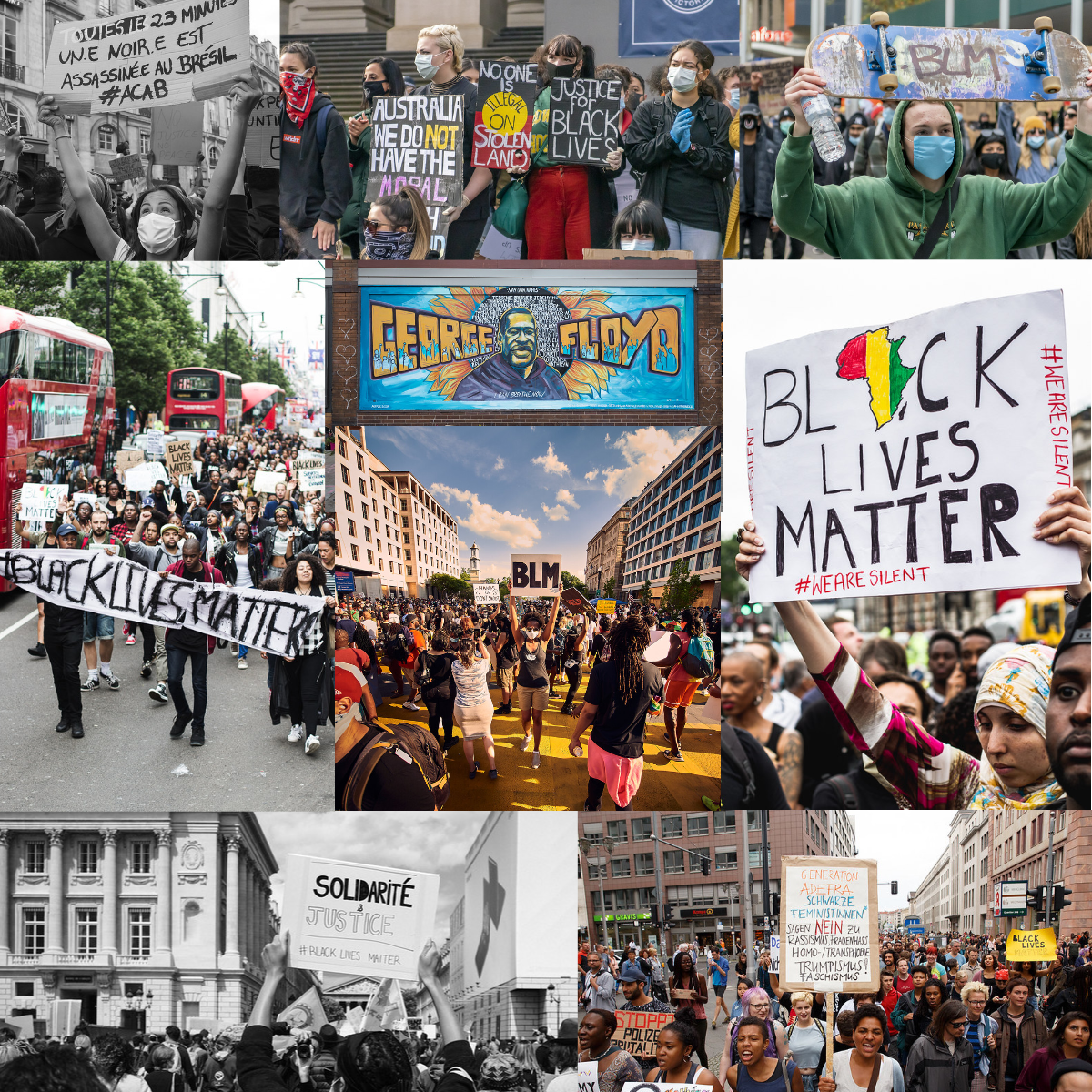 Collage d'images des manifestations du mouvement Black Lives Matter à travers le monde.