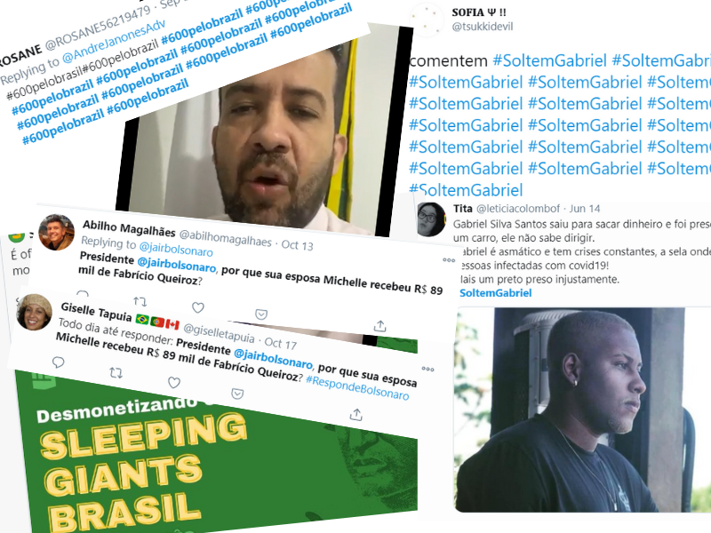 Des captures d'écran de tweets représentant les campagnes "Libérez Gabriel", "600 pour le Brésil", et "Sleeping Giants Brésil".