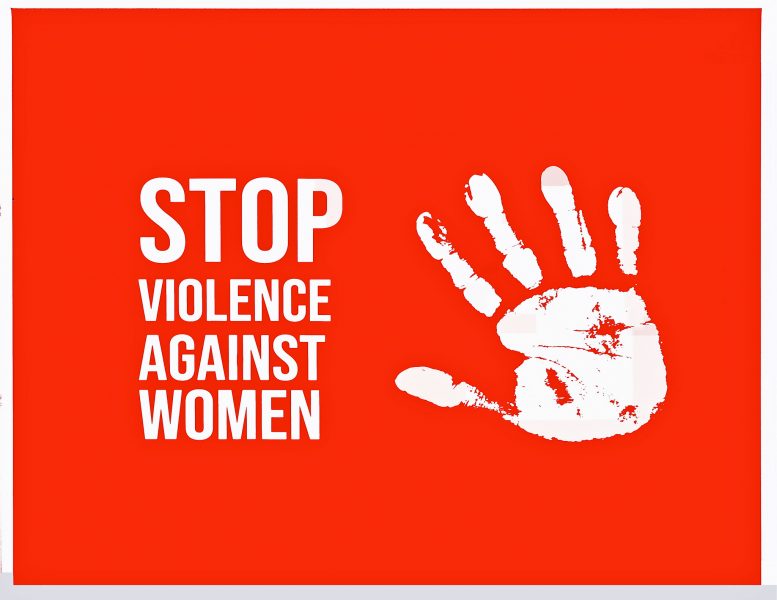 Logo contre les violences faites aux femmes : empreinte d'une main en blanc sur fond rouge.