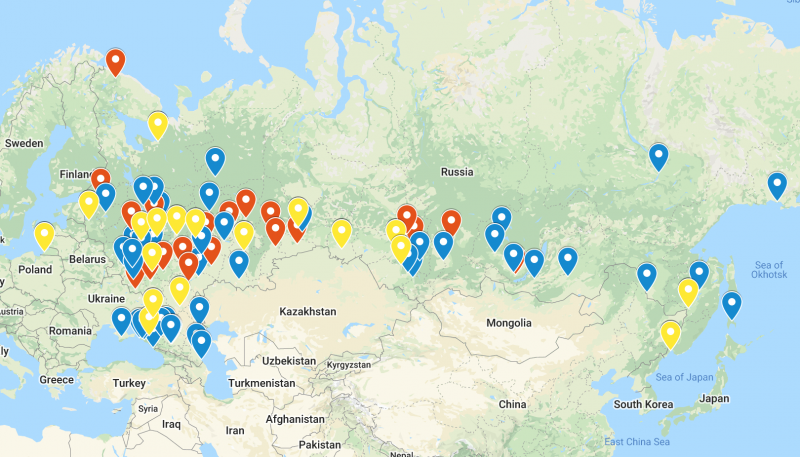 Screenshot from Google Map of protest rallies in Russia on January 23, 2021.