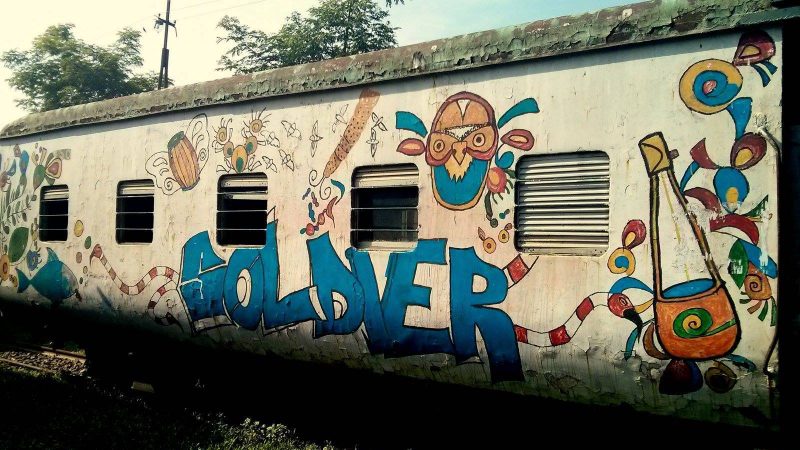 Students painted graffiti on a shuttle train in Chittagong, Bangladesh. Image by Zaman Muhammad via Bangladesh Railway Fan Group. Used with permission.