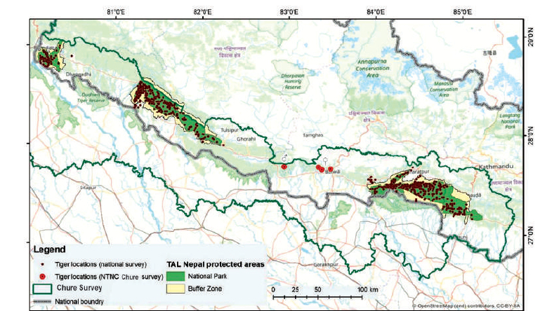 Records of tigers in Chure during this study in relation to tiger distribution in Nepal based on National Study in 2018.