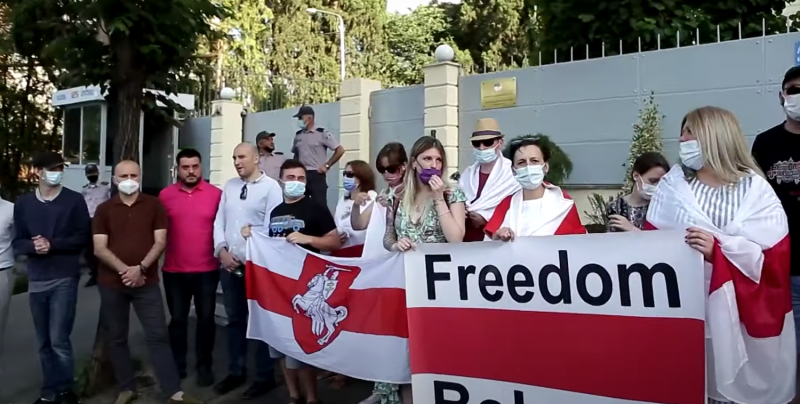 Belarusian, Georgian, and Ukrainian activists protest outside the Belarusian embassy in Tbilisi, Georgia, May 2021. Screenshot from video by RFE/RL on YouTube.