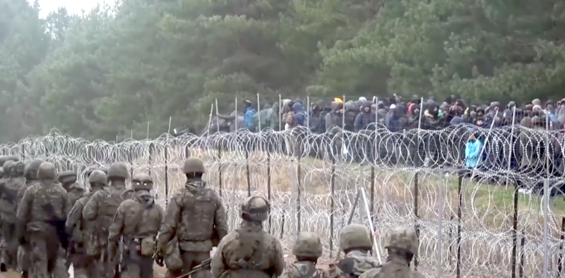 The standoff on the Polish border with Belarus, November 8, 2021. Screenshot from video by RFE/RL/Polish Defense Ministry.