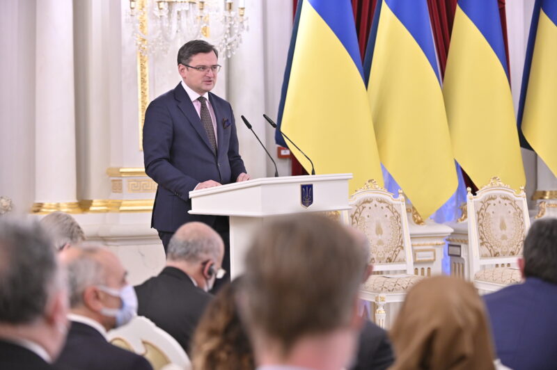 Ukraine's Minister of Foreign Affairs, Dmytro Kuleba, speaks at the Meeting of the President of Ukraine with heads of diplomatic missions of foreign states and international organizations, January 28, Kyiv, Ukraine. Image: Presidential Office of Ukraine, CC BY 4.0.