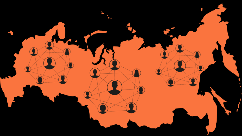 On a black background is an orange map of Russia. Imposed on that are icons of groups of people connected to each other to signify a social network
