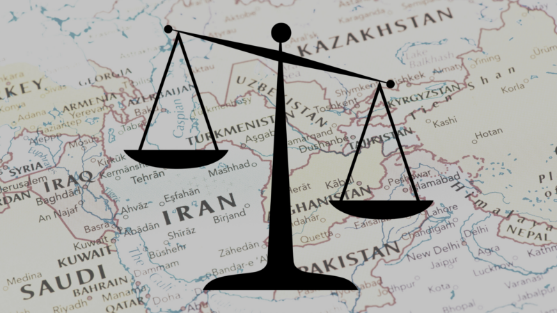 The silhouette of a weighing scale, tilted to the right, is superimposed on a faded map of Central Asia
