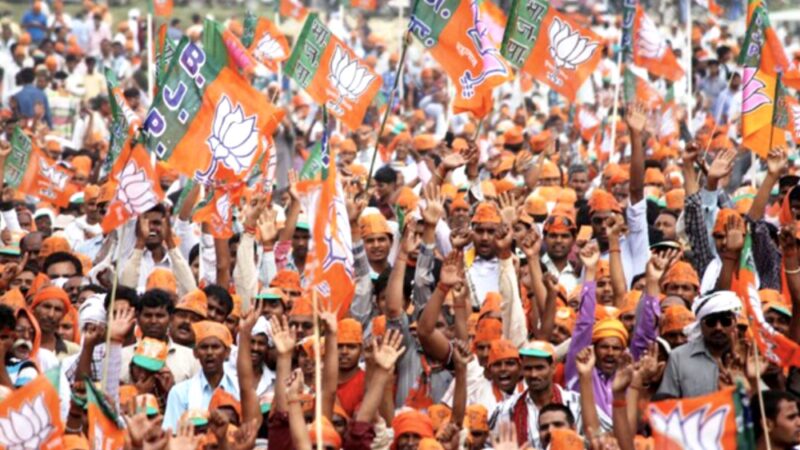 Supporters of Bharatiya Janata Party cheer at an election rally of Narendra Modi in Amethi Lok Sabha constitunecy in Uttar Pradesh. Image by BJP via WIkipedia. CC BY-SA 2.0.
