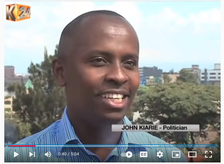 A screenshot of a YouTube video featuring politician and former comedian John Kiarie 