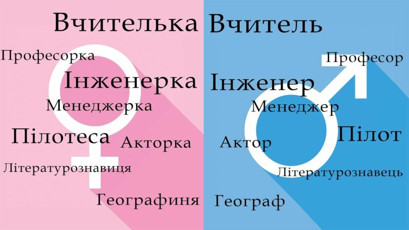 Screenshot from the <a href="https://www.youtube.com/watch?v=nQM_49HQC9o">YouTube channel of "Kvantova Filologiya"</a> showing the same professions in the feminine form on the left and in the masculine form on the right in Ukrainian.