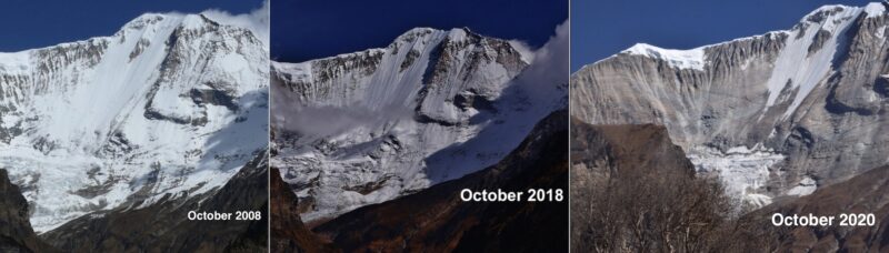 3 images du mont Saipal montrant le recul de la glace entre 2008 et 2020. On voit plus de roche dans la dernière photo et plus de neige dans la première.