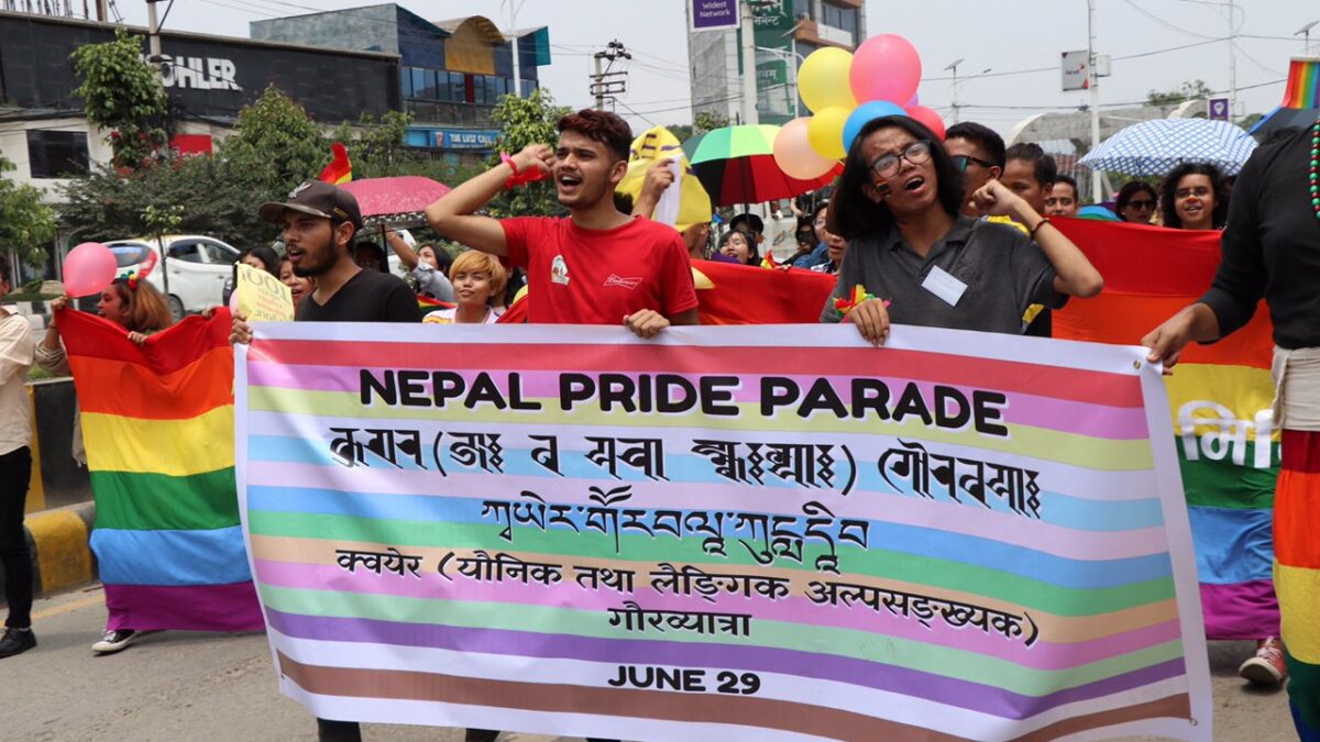 People gathered at first Nepal Pride Parade near the Federal parliament of Nepal on June 29, 2019. Image via Wikimedia Commons by AllyProud. CC BY-SA 4.0.
