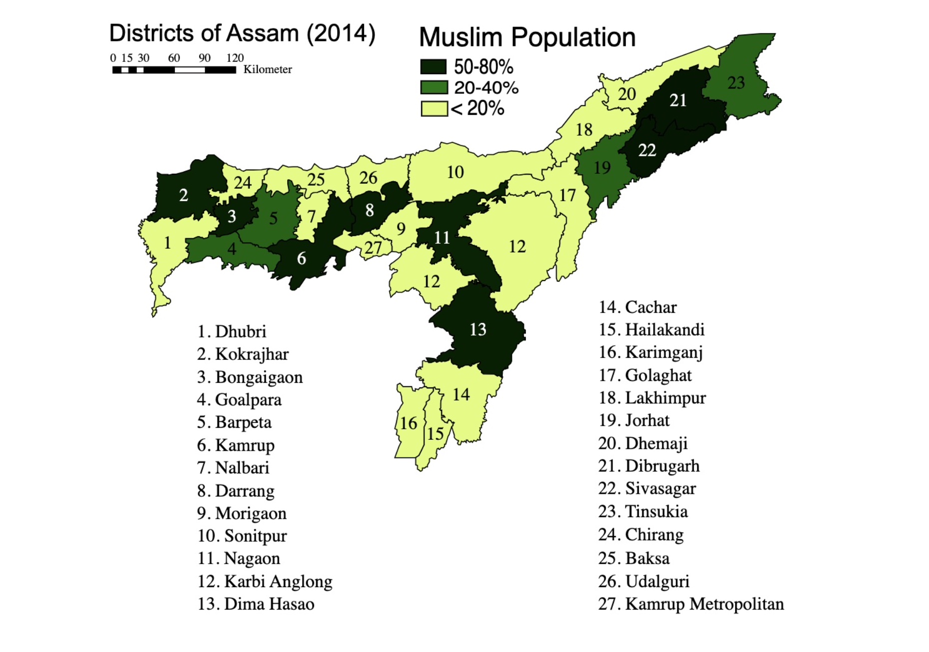 Muslim Population in Assam based on district maps and census of India 2011. Image via Wikipedia by SPQR10. CC BY-SA 4.0.