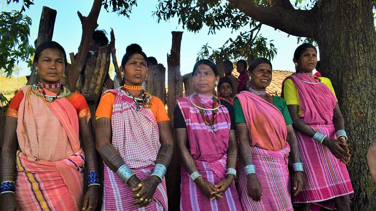 Baiga Tribal Women of Madhya Pradesh, they are known for their unique tattoos that they make all over their bodies. Image from Wikimedia Commons. CC BY-SA 4.0